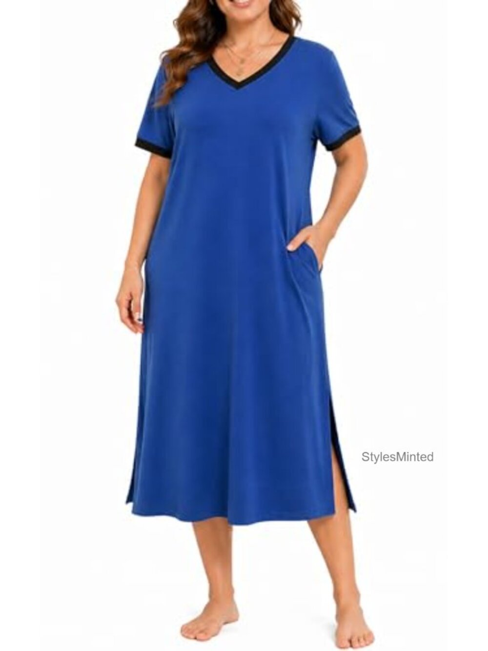 Kabento Cotton Nightgown Short Sleeve Long Sleepwear Pockets